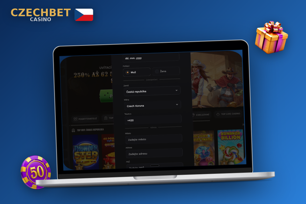 Dialogové okno s chybou při vytvoření účtu a živý chat podpora Czechbet Casino