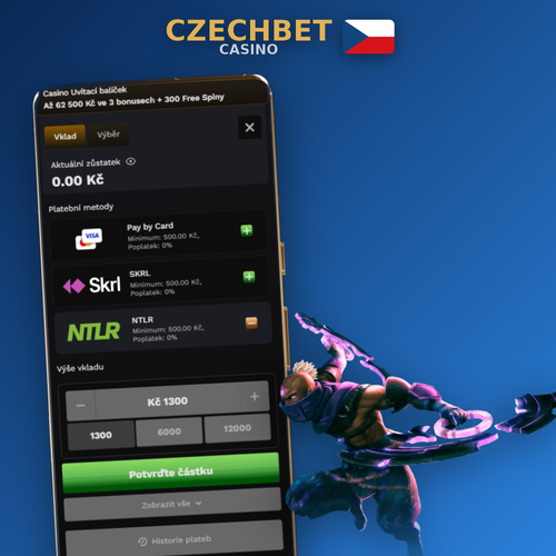 Czechbet Casino vklad bez poplatků s ikonami Visa, Mastercard, Skrill a Bitcoin